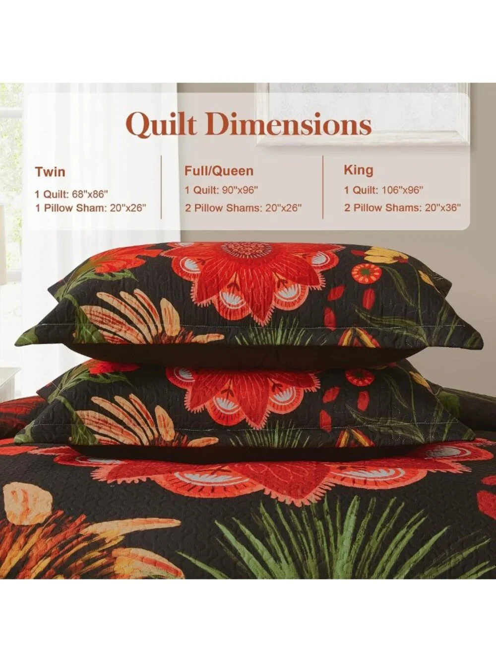 Colorful Floral Black Quilt Set | Reversible Lightweight Bedding, 2 Shams